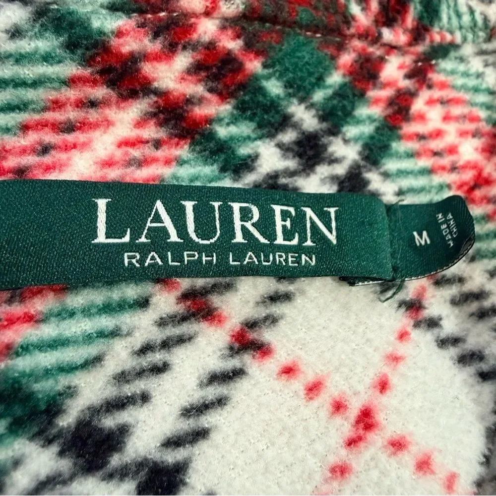 RALPH LAUREN Women’s Plaid Fleece Pajama Set Long Sleeve Green Red White Medium